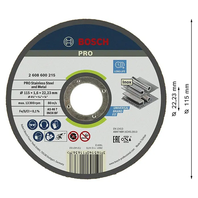 Bosch Professional Trennscheibe Expert for Inox - Durchmesser Scheibe: 115 mm, Geeignet für: Edelstahl - Graue Bosch PRO Trennscheibe (115 x 1,6 mm) für Edelstahl und Metall, mit Spezifikationen und Sicherheitspiktogrammen.