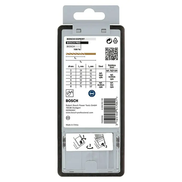 Bosch Professional Metallbohrer - Durchmesser Bohrer: 8 mm, 6 -tlg. - Bosch Expert Pro Bohrer-Set: Technische Daten zu Durchmesser, Länge, Materialeignung und optimaler Drehzahl für Stahl und Edelstahl.