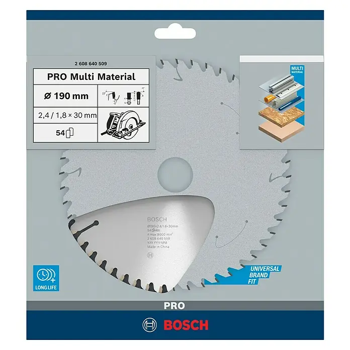 Bosch Kreissägeblatt Multimaterial - 190 mm, Bohrung: 30 mm, Anzahl Zähne: 54 Stk. - Abbildung einer Bosch PRO Multi Material Kreissäge mit 190 mm Durchmesser für verschiedene Materialien.