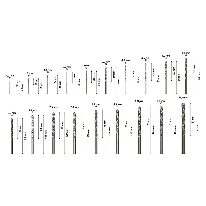 Bosch Bohrer-Set - Durchmesser Bohrer: 10 mm - Satz silberfarbener Metallbohrer in verschiedenen Durchmessern mit angegebenen Bohr- und Gesamtlängen.