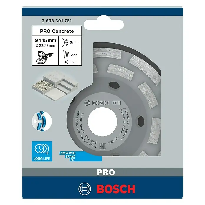 Bosch Expert Diamant-Topfscheibe for Concrete - Durchmesser Scheibe: 115 mm, Höhe Segment: 5 mm, Bohrung: 22,23 mm - Bild des Bosch Pro Betonschleiftellers mit 115 mm Durchmesser, ideal zum Schleifen von Betonoberflächen.