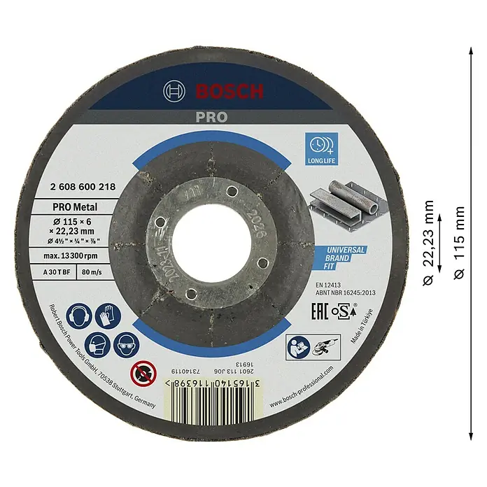 Bosch Schruppscheibe Expert for Metal A 30 T BF - Durchmesser: 115 mm, Stärke Scheibe: 6 mm, 1 Stk. - Bild einer Bosch Pro Trennscheibe für Metall mit den Maßen 115 x 6 x 22,23 mm und einer maximalen Drehzahl von 13300 U/min.