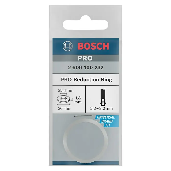 Bosch Reduzierring - Durchmesser: 30 mm, Bohrung: 25,4 mm, Stärke: 1,8 mm - Abbildung eines Bosch PRO Reduzierrings, passend für Universalmarken. Technische Details wie Größe sind auf der Verpackung abgebildet.