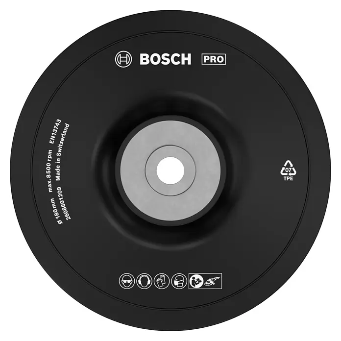 Bosch Professional Gummi-Stützteller M14 - Durchmesser: 180 mm, M14 Gewinde - Abbildung einer schwarzen Bosch Pro Schleifscheibe mit Logo und Sicherheitsinformationen.
