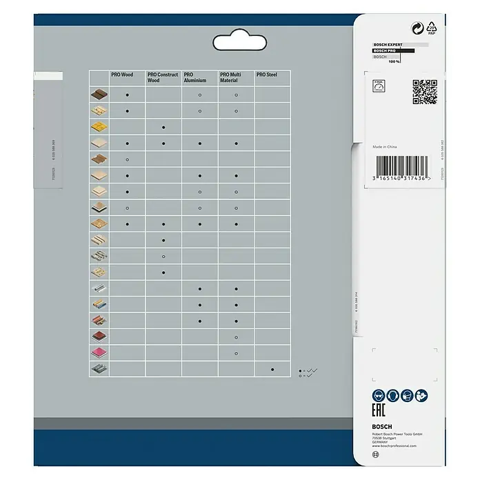 Bosch Kreissägeblatt Multi Material - 210 mm, Bohrung: 30 mm, Anzahl Zähne: 80 Stk. - Produktverpackung mit Tabelle zur Materialauswahl für Bosch Sägeblätter, inklusive Barcode und Herstellerinformationen.