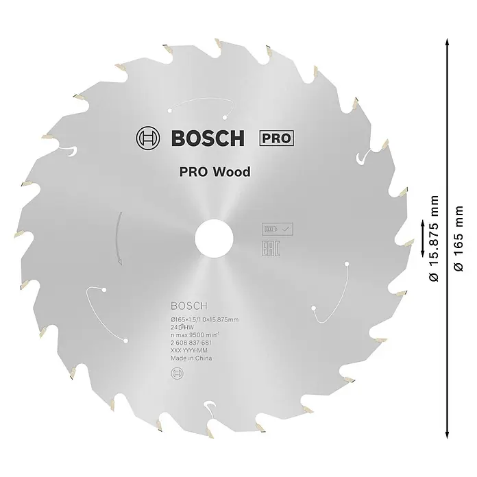 Bosch Kreissägeblatt Standard for Wood - 165 mm, Bohrung: 15,875 mm, Anzahl Zähne: 24 Stk. - Silbergraues Bosch Pro Wood Kreissägeblatt, 165mm Durchmesser, mit 24 Hartmetallzähnen für effizientes Holzschneiden.