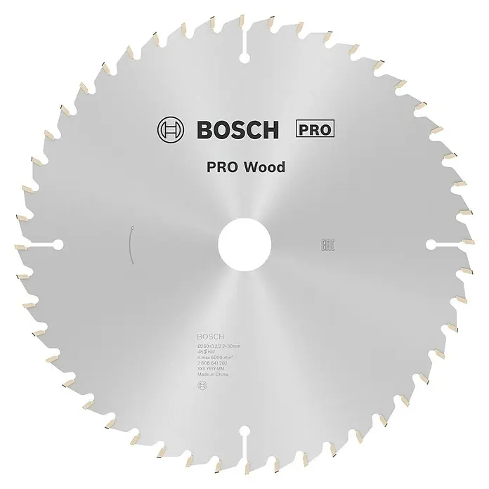 Bosch Kreissägeblatt Pro Wood - 260 mm, Bohrung: 30 mm, Anzahl Zähne: 48 Stk. - Das Bild zeigt ein Bosch Pro Wood Kreissägeblatt mit Hartmetallzähnen, geeignet für Holzarbeiten.