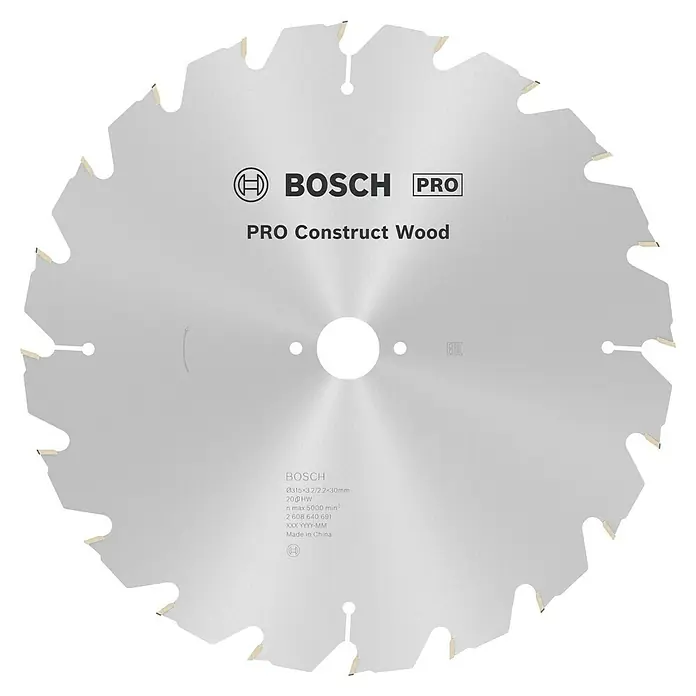 Bosch Kreissägeblatt Construction Wood - 315 mm, Bohrung: 30 mm, Anzahl Zähne: 20 Stk. - Das Bild zeigt ein Bosch Pro Construct Wood Kreissägeblatt. Ideal für präzise Holzschnitte mit hoher Leistung und langer Lebensdauer.
