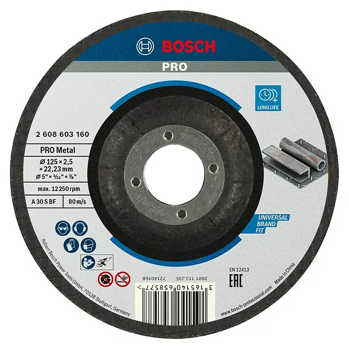Bosch Trennscheibe A 30 S BF - Stärke Scheibe: 2,5 mm, Geeignet für: Stahl, Gekröpft - Abbildung einer Bosch Pro Trennscheibe für Metall mit den Abmessungen Ø125 x 2,5 x 22,23 mm.