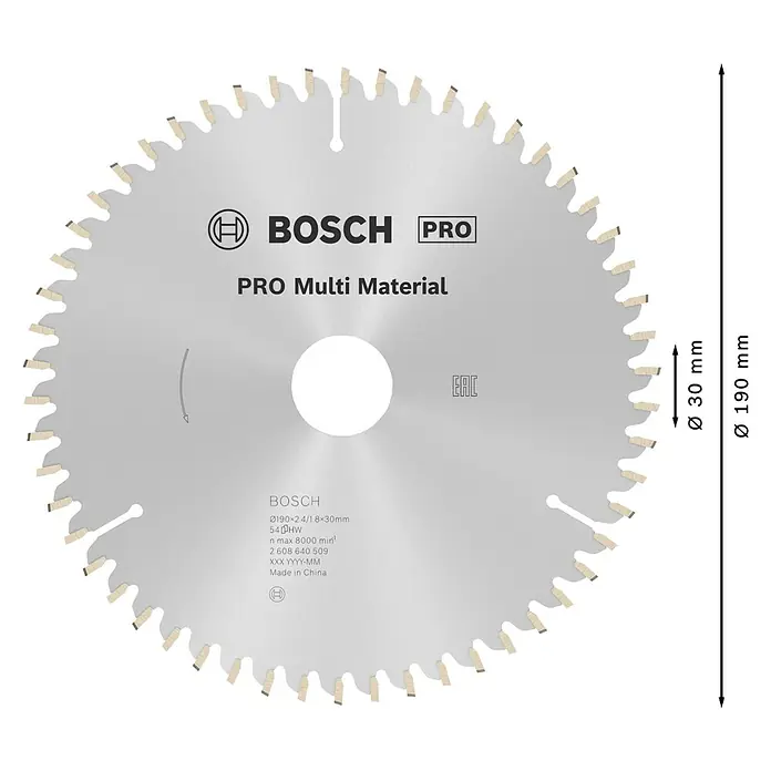 Bosch Kreissägeblatt Multimaterial - 190 mm, Bohrung: 30 mm, Anzahl Zähne: 54 Stk. - Bosch PRO Multi Material Kreissägeblatt, Ø 190 mm, Bohrung 30 mm, 54 Zähne.