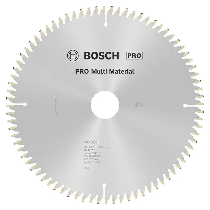 Bosch Kreissägeblatt Multi Material - 210 mm, Bohrung: 30 mm, Anzahl Zähne: 80 Stk. - Nahaufnahme eines Bosch Pro Multi Material Sägeblatts, ideal für Profis, die präzise Schnitte in verschiedenen Materialien benötigen.