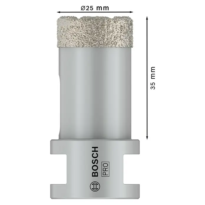 Bosch Diamant-Trockenbohrer Dry Speed - Durchmesser: 25 mm - Bosch Pro Diamantbohrkrone, silber, Ø25 mm, mit 35 mm Diamantbelag für harte Materialien.