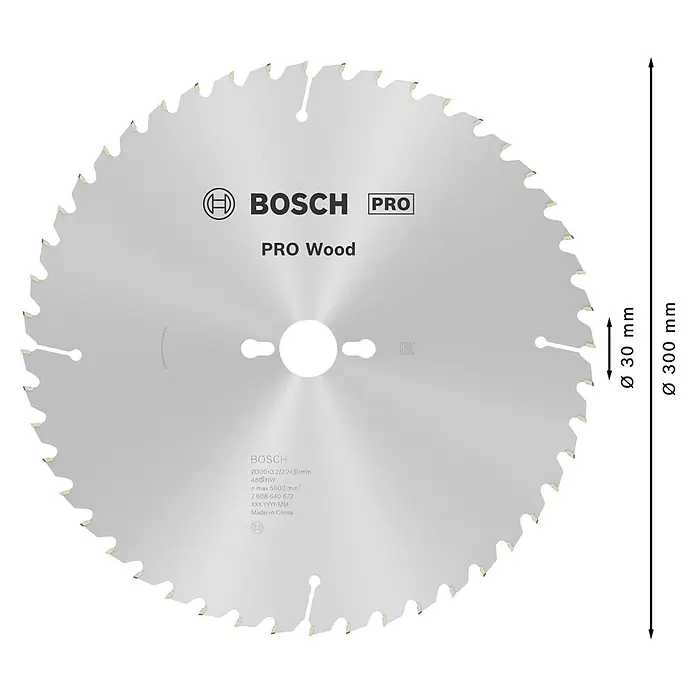 Bosch Kreissägeblatt Pro Wood - 300 mm, Bohrung: 30 mm, Anzahl Zähne: 48 Stk. - Silbernes Bosch PRO Kreissägeblatt für Holz, 300mm Durchmesser mit 48 Zähnen.