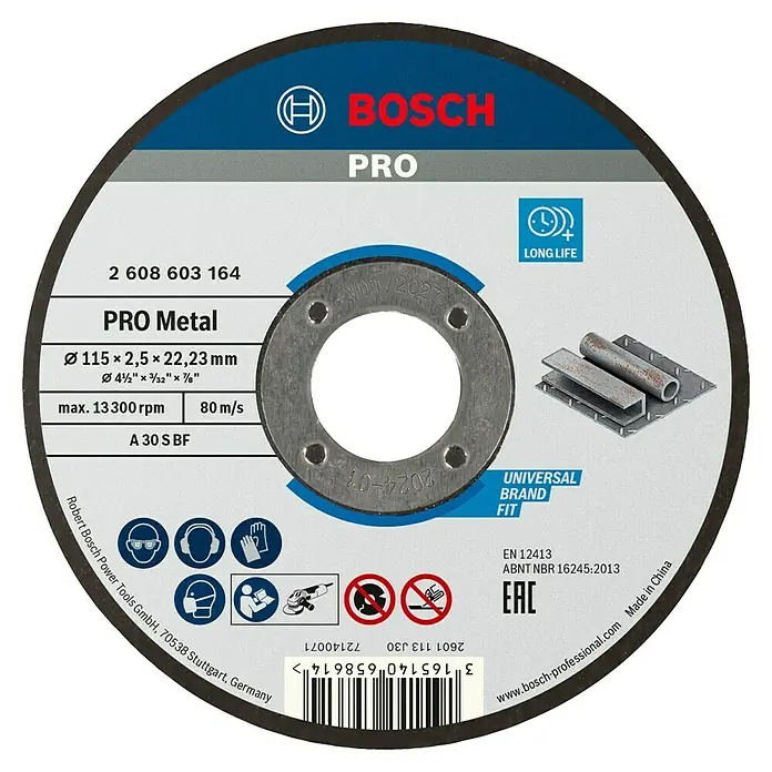 Bosch Professional Trennscheibe Standard for Metal - Durchmesser Scheibe: 115 mm, Stärke Scheibe: 2,5 mm - Das Bild zeigt eine Bosch Pro Metallscheibe mit den Produktinformationen, wie Größe, Drehzahl und Sicherheitszertifikate.
