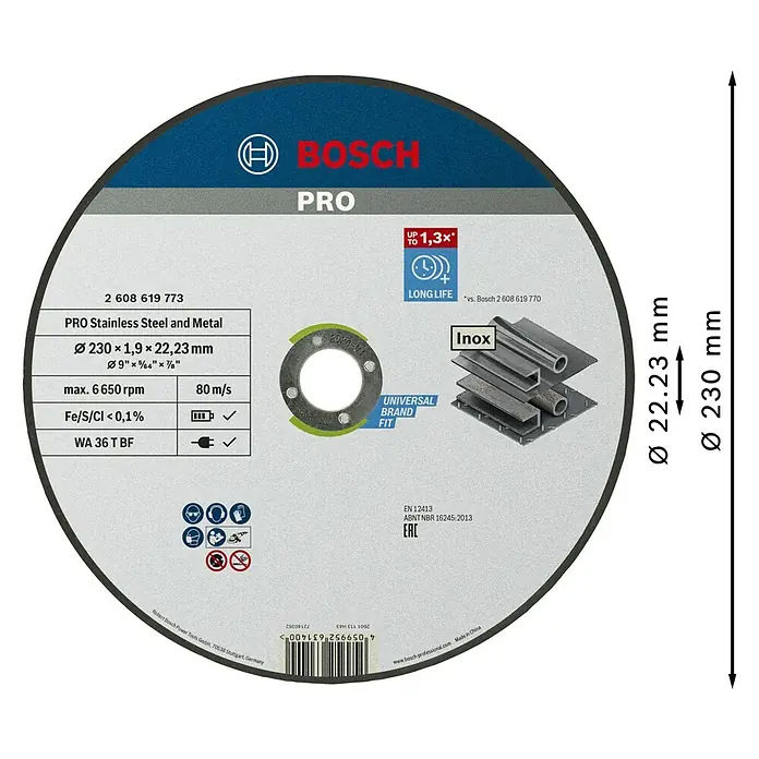 Bosch Professional Trennscheibe Standard for Inox - Durchmesser Scheibe: 230 mm, Stärke Scheibe: 1,9 mm - Bosch PRO Trennscheibe für Edelstahl und Metall (Inox), 230mm Durchmesser.
