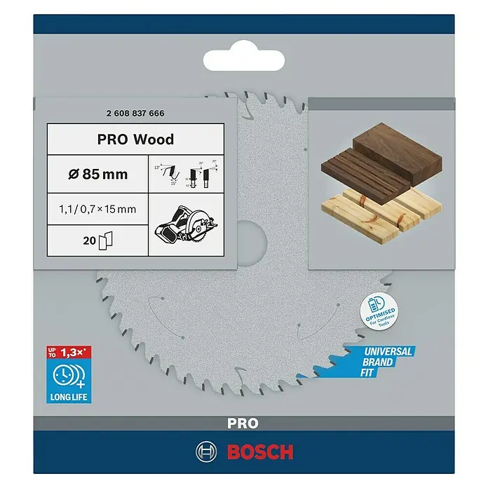 Bosch Kreissägeblatt Standard for Wood - 85 mm, Bohrung: 15 mm, Anzahl Zähne: 20 Stk. - Bosch Pro Wood Kreissägeblatt mit 85 mm Durchmesser für saubere Holzschnitte und lange Lebensdauer, ideal für Akku-Werkzeuge.