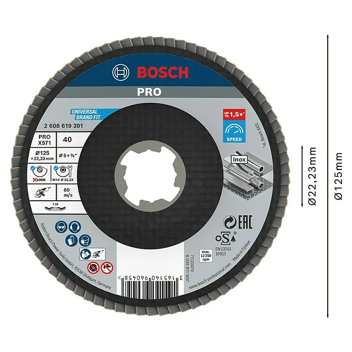 Bosch Trennscheibe Best for Metal X-Lock - Geeignet für: Metall, Durchmesser Scheibe: 125 mm, Körnung: 40, 1 Stk. - Bosch PRO X571 Fächerschleifscheibe, 125mm, Korn 40, für Edelstahl und universelle Anwendungen, X-LOCK kompatibel.