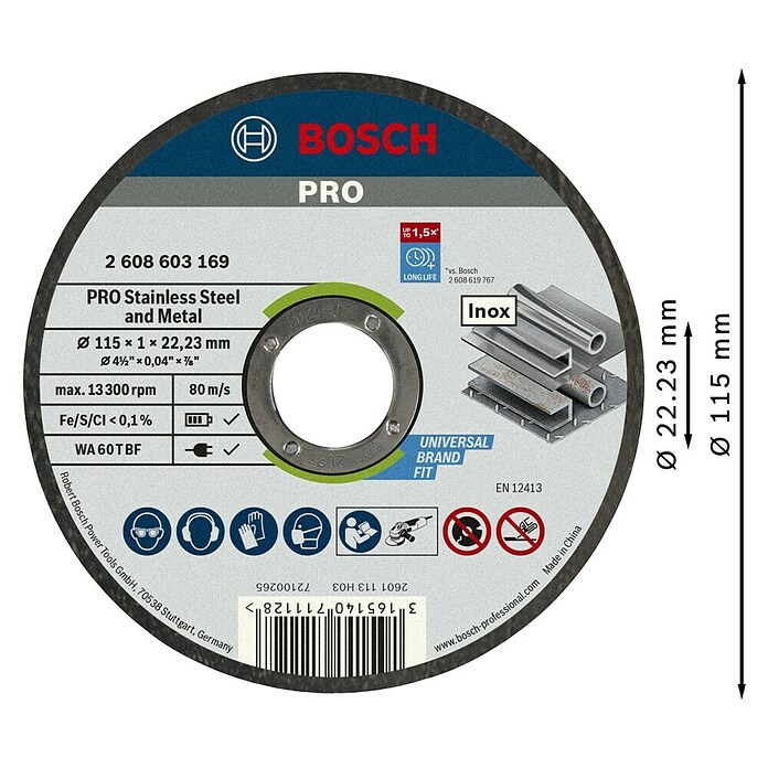 Bosch Professional Rezalna plošča Standard for Inox Rapido  (Premer diska: 115 mm, Debelina plošče: 1 mm) | Rezalni diski | Dodatki za kotne brusilnike | Dodatna oprema za stroje | Orodja in stroji | Izdelki | BAUHAUS