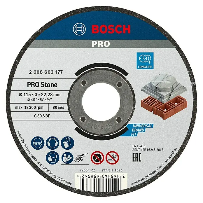 Bosch Professional Trennscheibe Expert for Stone - Durchmesser Scheibe: 115 mm, Geeignet für: Stein - Bild einer Bosch Pro Steintrennscheibe mit den Abmessungen Ø115×3×22,23 mm, ideal zum Trennen von Steinmaterialien und mit langer Lebensdauer.