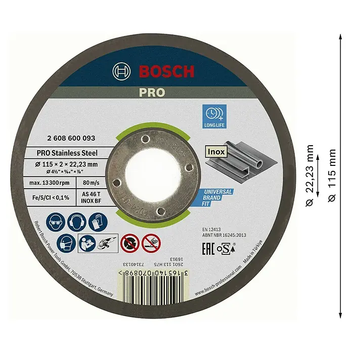 Bosch Professional Trennscheibe - Bohrung: 22,23 mm, Durchmesser_Scheibe: 115 Millimeter (mm) - Graue Bosch PRO Trennscheibe für Edelstahl, mit rotem Logo und technischen Daten für professionelles Schneiden.