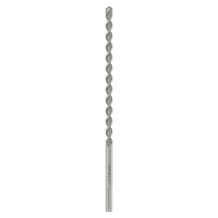 Bosch Beton- & Steinbohrer MAX-4 - 1 Stk., Durchmesser Bohrer: 20 mm - Nahaufnahme eines Bosch-Spiralbohrers mit gewundenen Rillen, ideal für präzise Bohrungen in verschiedenen Materialien.