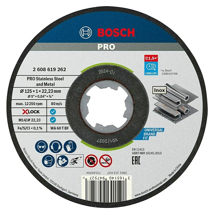Bosch Professional X-Lock Trennscheibe X-Lock Standard for Inox WA 60 T BF (Durchmesser Scheibe: 125 mm, Stärke Scheibe: 1 mm, Geeignet für: Metall)