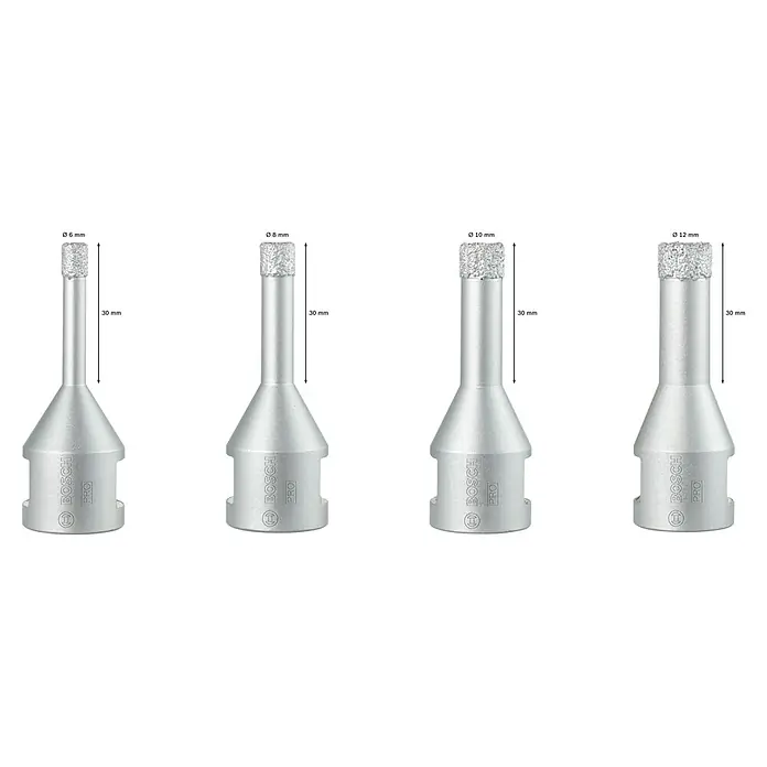 Bosch Diamant-Trockenbohrer Set Dryspeed - 4 Stk., Durchmesser Bohrer: 6 mm - Vier silberne Bosch Pro Diamantbohrer, Ø 6, 8, 10, 12 mm, 30 mm Arbeitslänge.