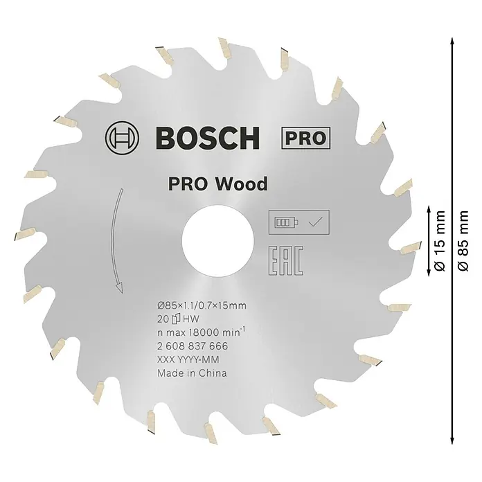 Bosch Kreissägeblatt Standard for Wood - 85 mm, Bohrung: 15 mm, Anzahl Zähne: 20 Stk. - Bosch PRO Wood Kreissägeblatt, silber mit Hartmetallspitzen, Ø 85mm, Bohrung 15mm. Max. Drehzahl 18000 U/min.
