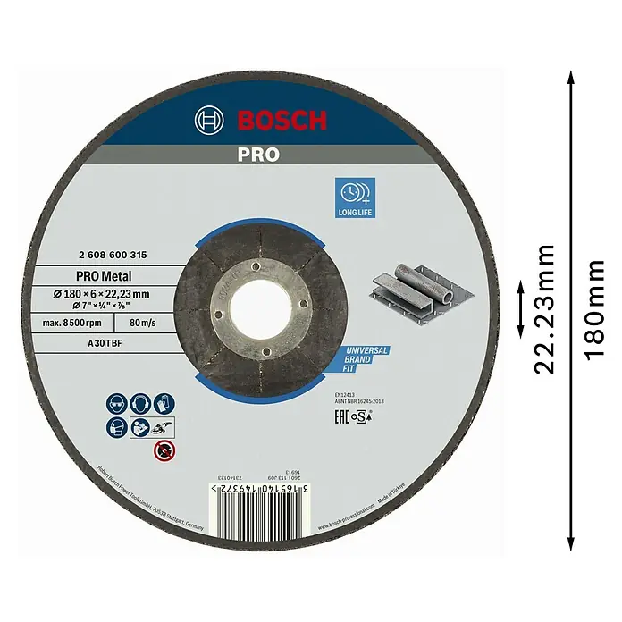 Bosch Schruppscheibe Expert for Metal A 30 T BF - Durchmesser: 180 mm, Stärke Scheibe: 6 mm, 1 Stk. - Dunkelgraue Bosch PRO Trennscheibe für Metall, Ø 180 mm mit 22,23 mm Bohrung.