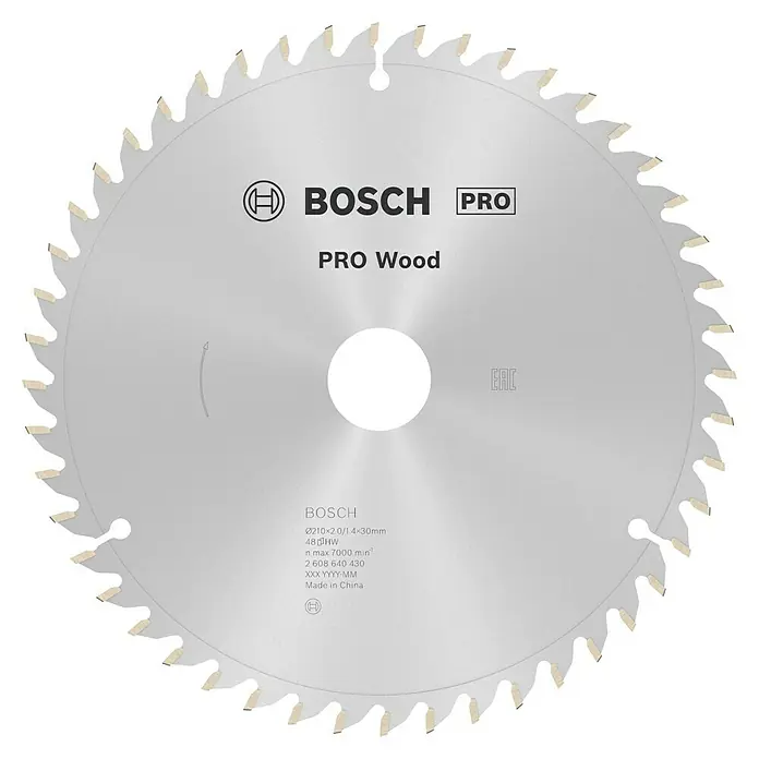 Bosch Kreissägeblatt Optiline Wood - 210 mm, Bohrung: 30 mm, Anzahl Zähne: 30 Stk. - Das Bild zeigt ein Bosch Pro Wood Sägeblatt. Es ist ein Werkzeug für Holzarbeiten, bekannt für seine Präzision und Haltbarkeit.