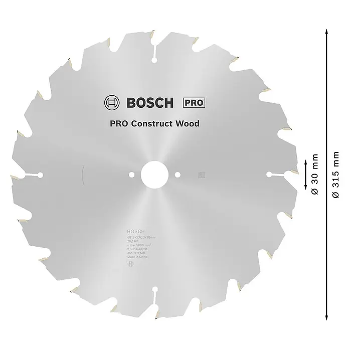 Bosch Kreissägeblatt Construction Wood - 315 mm, Bohrung: 30 mm, Anzahl Zähne: 20 Stk. - Graues Bosch PRO Kreissägeblatt für Holz, 315 mm Durchmesser, mit 20 Zähnen und 30 mm Bohrung.