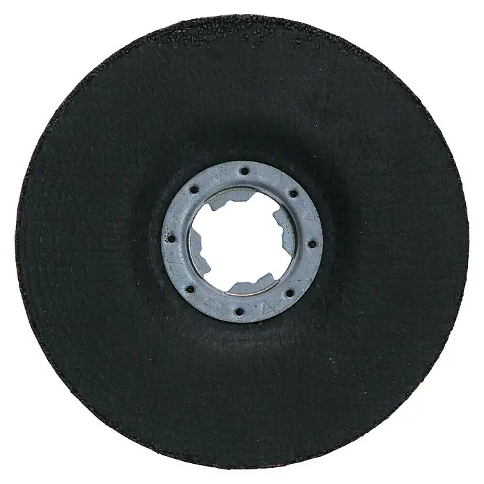 Bosch Schruppscheibe X-Lock Expert for Metal A 30 T BF - Geeignet für: Metall, Durchmesser Scheibe: 125 mm, Stärke Scheibe: 6 mm - Das Bild zeigt eine Schruppscheibe, ein Werkzeug zum Schleifen und Polieren von Oberflächen, mit einer robusten, kreisförmigen Form und zentraler Aufnahme.