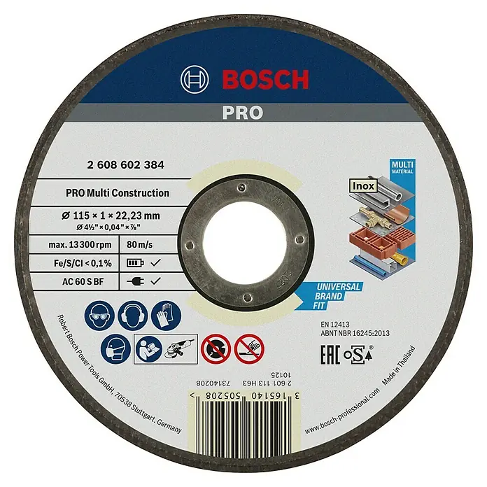 Bosch Trennscheibe Rapido Multi Construction - Durchmesser Scheibe: 115 mm, Geeignet für: Baustellenmaterialien - Abbildung einer Bosch Pro Multi Construction Trennscheibe (115 x 1 x 22,23 mm), geeignet für verschiedene Materialien und Inox.