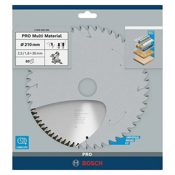 Bosch Kreissägeblatt Multi Material - 210 mm, Bohrung: 30 mm, Anzahl Zähne: 80 Stk. - Bild einer Bosch Pro Multi Material Kreissäge mit 210mm Durchmesser, ideal für diverse Materialien und lange Lebensdauer.