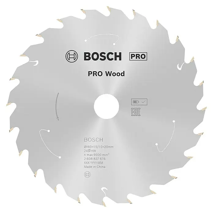 Bosch Kreissägeblatt Standard for Wood - 160 mm, Bohrung: 20 mm, Anzahl Zähne: 24 Stk. - Das Bild zeigt ein Bosch Pro Wood Kreissägeblatt, ein Werkzeug zum Schneiden von Holz mit hoher Präzision und Effizienz.