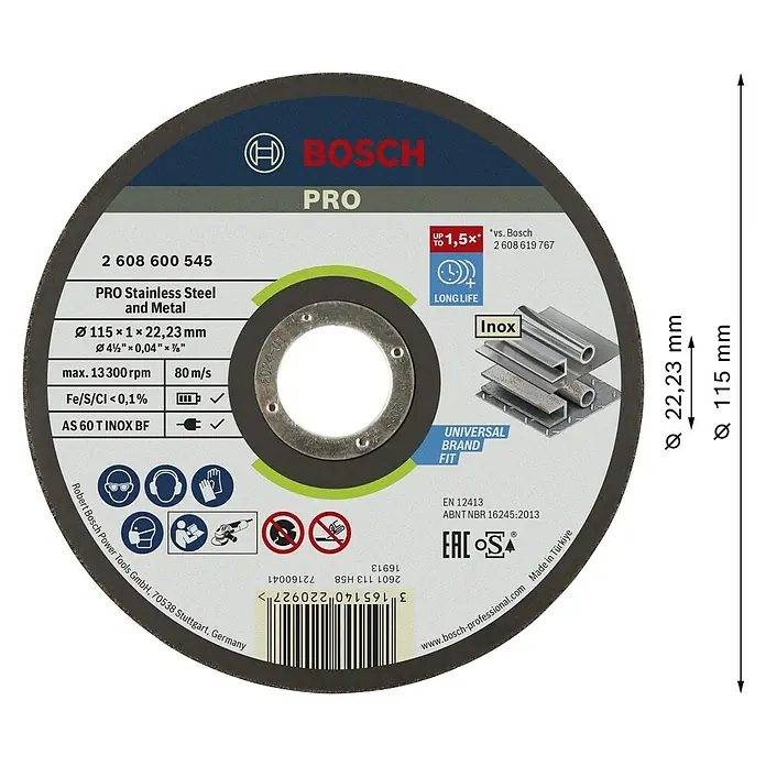 Bosch Professional Trennscheibe Rapido Expert for Inox - Durchmesser Scheibe: 115 mm, Geeignet für: Edelstahl - Bosch PRO Trennscheibe für Edelstahl und Metall, 115 mm Durchmesser, 22,23 mm Bohrung, dunkelgrau mit roten und blauen Details.