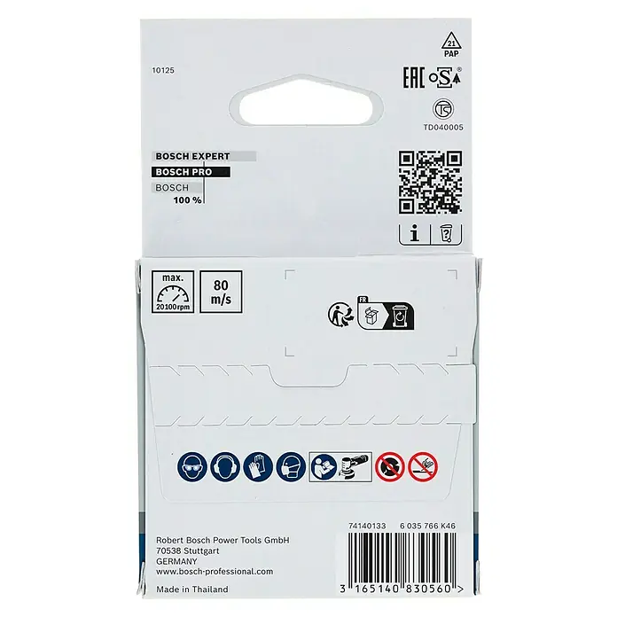 Bosch Trennscheibe A 60 R INOX BF - Durchmesser Scheibe: 76 mm, Stärke Scheibe: 1 mm, Geeignet für: Edelstahl, Passend für: Bosch Professional Akku-Winkelschleifer GWS 12V-76, 5 Stk. - Verpackungsrückseite eines Bosch Pro Produkts. Enthält Informationen zu Marke, Sicherheitshinweise und Herstellungsort.