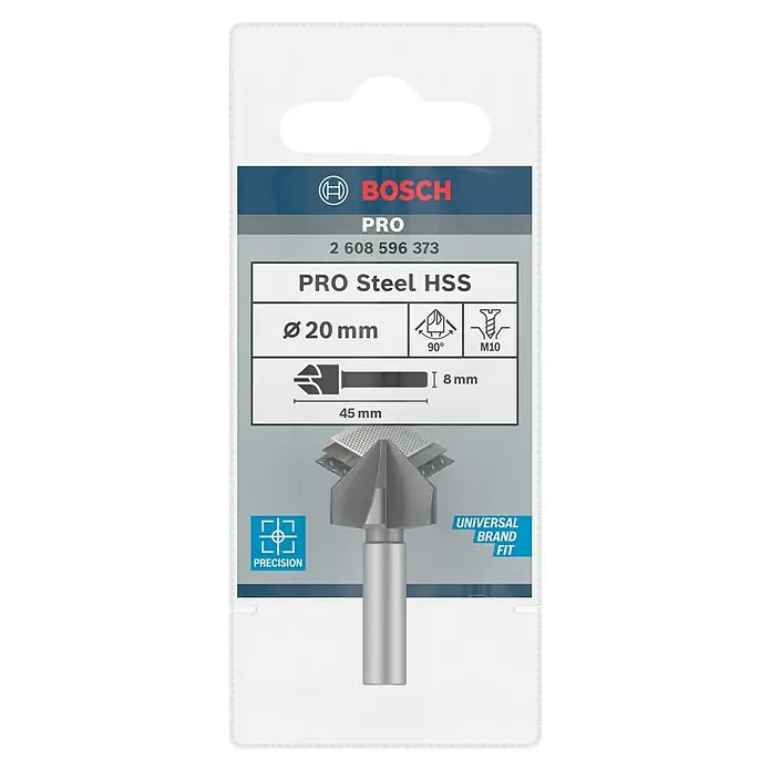 Bosch Kegelsenker - Durchmesser Bohrer: 20 mm, Rundschaft - Produktverpackung mit einem Bosch PRO Steel HSS-Bohrwerkzeug, Ø 20 mm, für präzise und universelle Anwendungen.