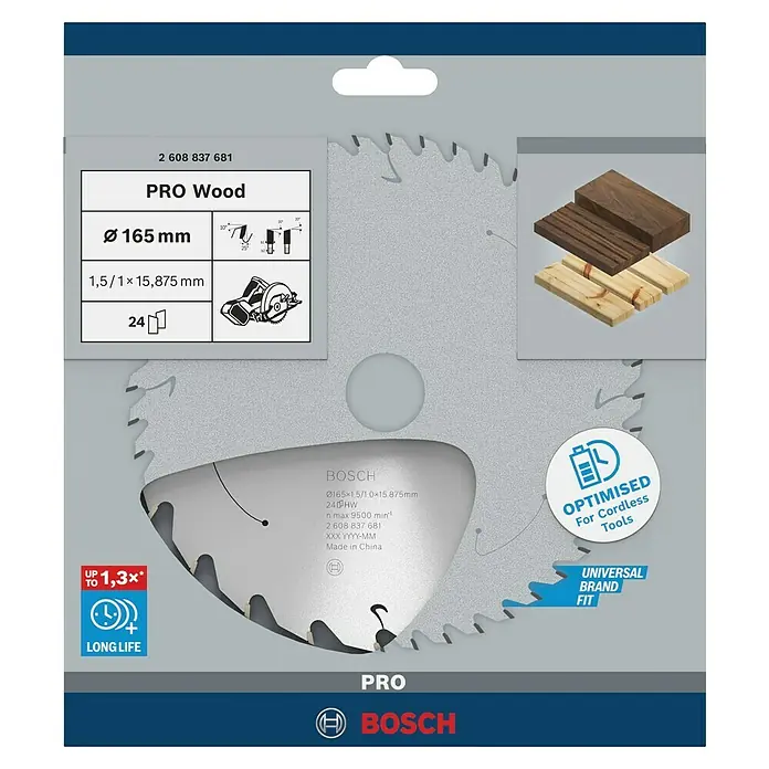 Bosch Kreissägeblatt Standard for Wood - 165 mm, Bohrung: 15,875 mm, Anzahl Zähne: 24 Stk. - Bosch Kreissägeblatt PRO Wood, Ø165 mm, für präzise Holzschnitte, optimiert für Akku-Werkzeuge, lange Lebensdauer.