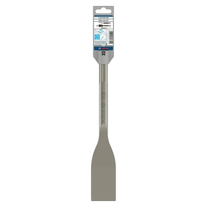 Bosch Fliesenmeißel Long Life - Länge: 300 mm, SDS Max - Abgebildet ist ein Bosch SDS max-5C Breitmeißel, ideal für Abbrucharbeiten in Beton und Mauerwerk, verpackt für den Verkauf.