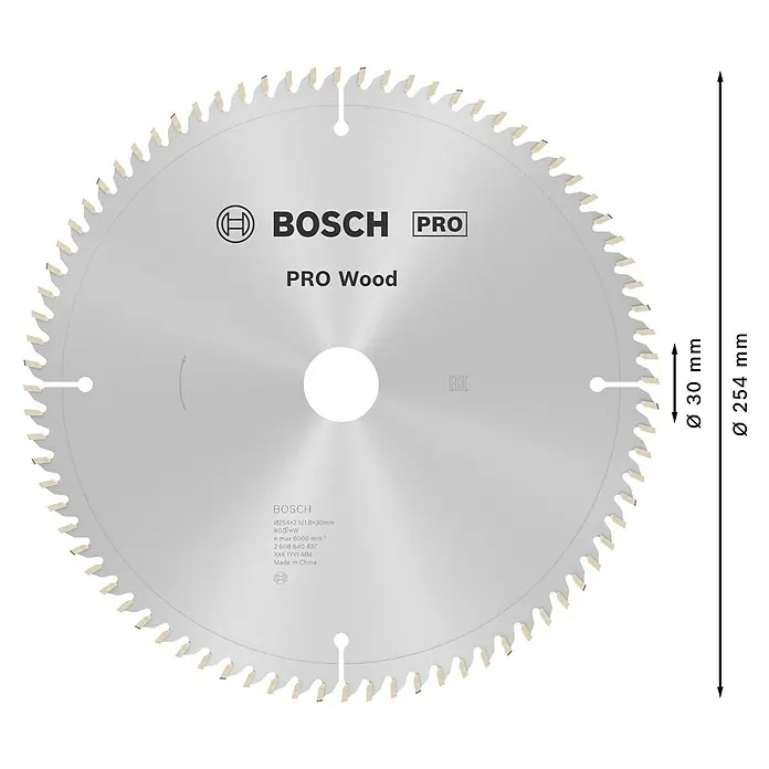 Bosch Kreissägeblatt Pro Wood - 254 mm, Bohrung: 30 mm, Anzahl Zähne: 80 Stk. - Metallisches Bosch PRO Wood Kreissägeblatt, Ø 254 mm, Bohrung Ø 30 mm, 80 Zähne.