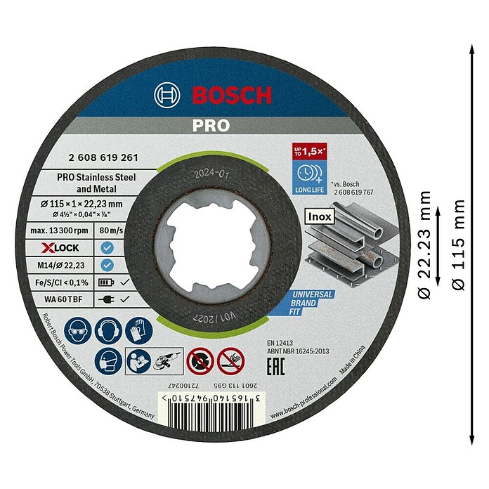 Bosch Professional X-Lock Disco de corte Standard for Inox (Diámetro disco: 115 mm, Espesor disco: 1 mm, Específico para: Acero inoxidable)
