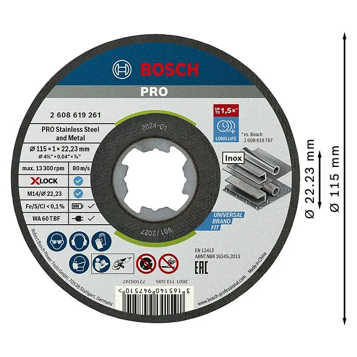 Bosch Professional X-Lock Trennscheibe Standard for Inox - Geeignet für: Edelstahl, Durchmesser Scheibe: 115 mm, Stärke Scheibe: 1 mm, 10 Stk. - Graue Bosch PRO Trennscheibe für Edelstahl und Metall, 115x1x22.23mm, X-LOCK kompatibel.