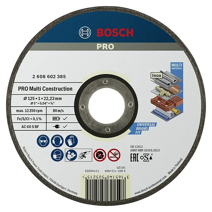 Bosch Trennscheibe Rapido Multi Construction - Durchmesser Scheibe: 125 mm, Geeignet für: Baustellenmaterialien - Produktbild einer Bosch Pro Multi Construction Trennscheibe mit den technischen Daten und Sicherheitshinweisen.