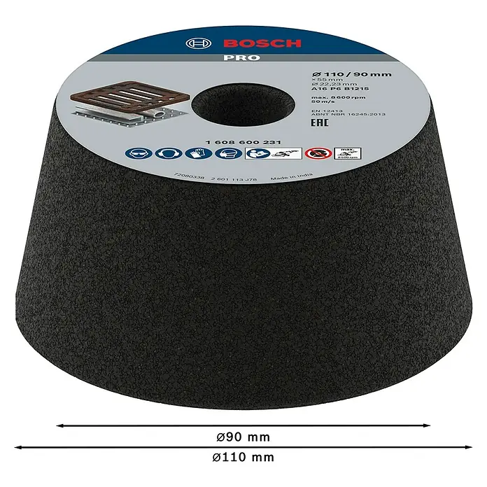 Bosch Schleiftopf - Geeignet für: Metall, Durchmesser: 110 mm, Körnung: 16, 1 Stk. - Dunkle, konische Bosch Schleifscheibe mit texturierter Oberfläche und Produktetikett.
