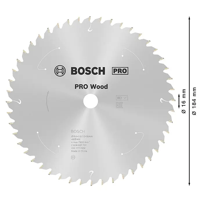 Bosch Kreissägeblatt Standard for Wood - 184 mm, Bohrung: 16 mm, Anzahl Zähne: 48 Stk. - Eine silbergraue BOSCH PRO Wood Kreissägeblatt mit 48 Zähnen, 184 mm Durchmesser und 16 mm Bohrung zum Schneiden von Holz.