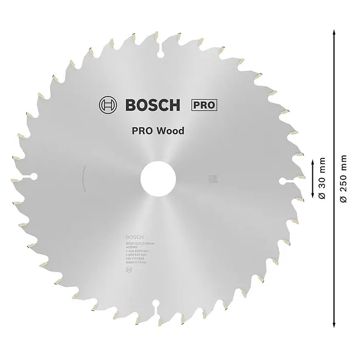 Bosch Kreissägeblatt Pro Wood - 250 mm, Bohrung: 30 mm, Anzahl Zähne: 40 Stk. - Bosch PRO Wood Kreissägeblatt, silberfarbenes Metall, 250mm Durchmesser, zum Holzsägen.