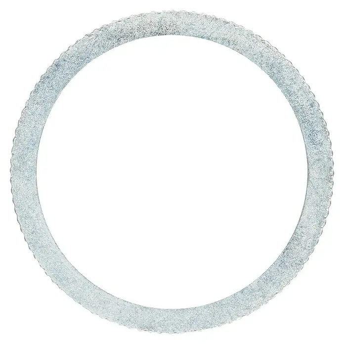 Bosch Reduzierring - Durchmesser: 30 mm, Bohrung: 25 mm, Stärke: 1,2 mm - Dieses Bild zeigt eine silberfarbene Dichtungsscheibe. Die Dichtungsscheibe ist kreisförmig und dient zum Abdichten von Verbindungen.