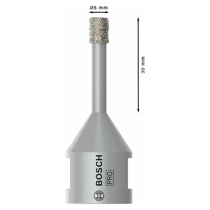 Bosch Diamant-Trockenbohrer Dry Speed - Durchmesser: 6 mm - Bosch Pro Diamantbohrer, 6mm Durchmesser, 30mm Arbeitslänge, grau mit strukturierter Spitze.