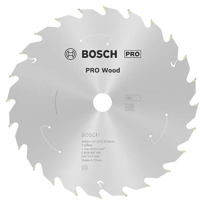 Bosch Kreissägeblatt Standard for Wood - 165 mm, Bohrung: 15,875 mm, Anzahl Zähne: 24 Stk. - Bosch Pro Wood Kreissägeblatt mit 165 mm Durchmesser und 24 Zähnen, ideal zum Sägen von Holz.